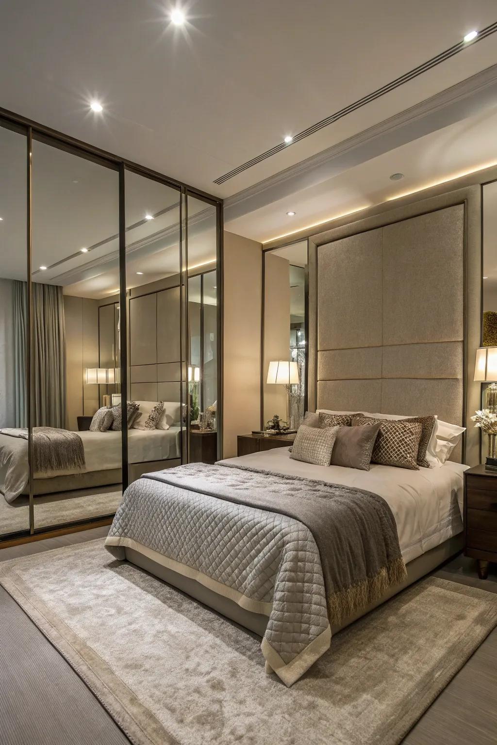 Mirrors maximize light and space around a corner bed.