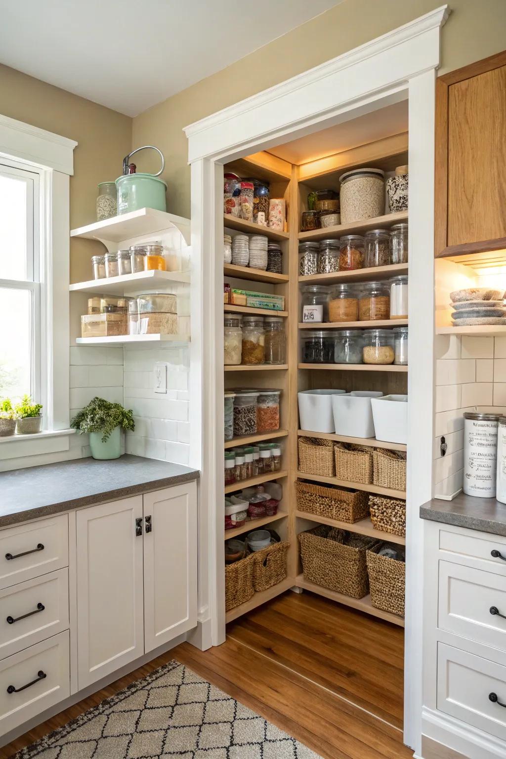A streamlined corner pantry in a compact kitchen.
