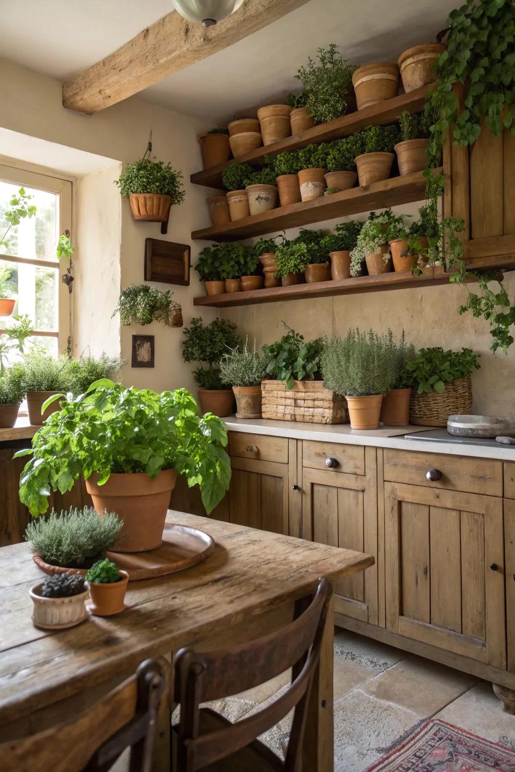 Vegetation introduces a fresh touch to this inviting cooking area space.
