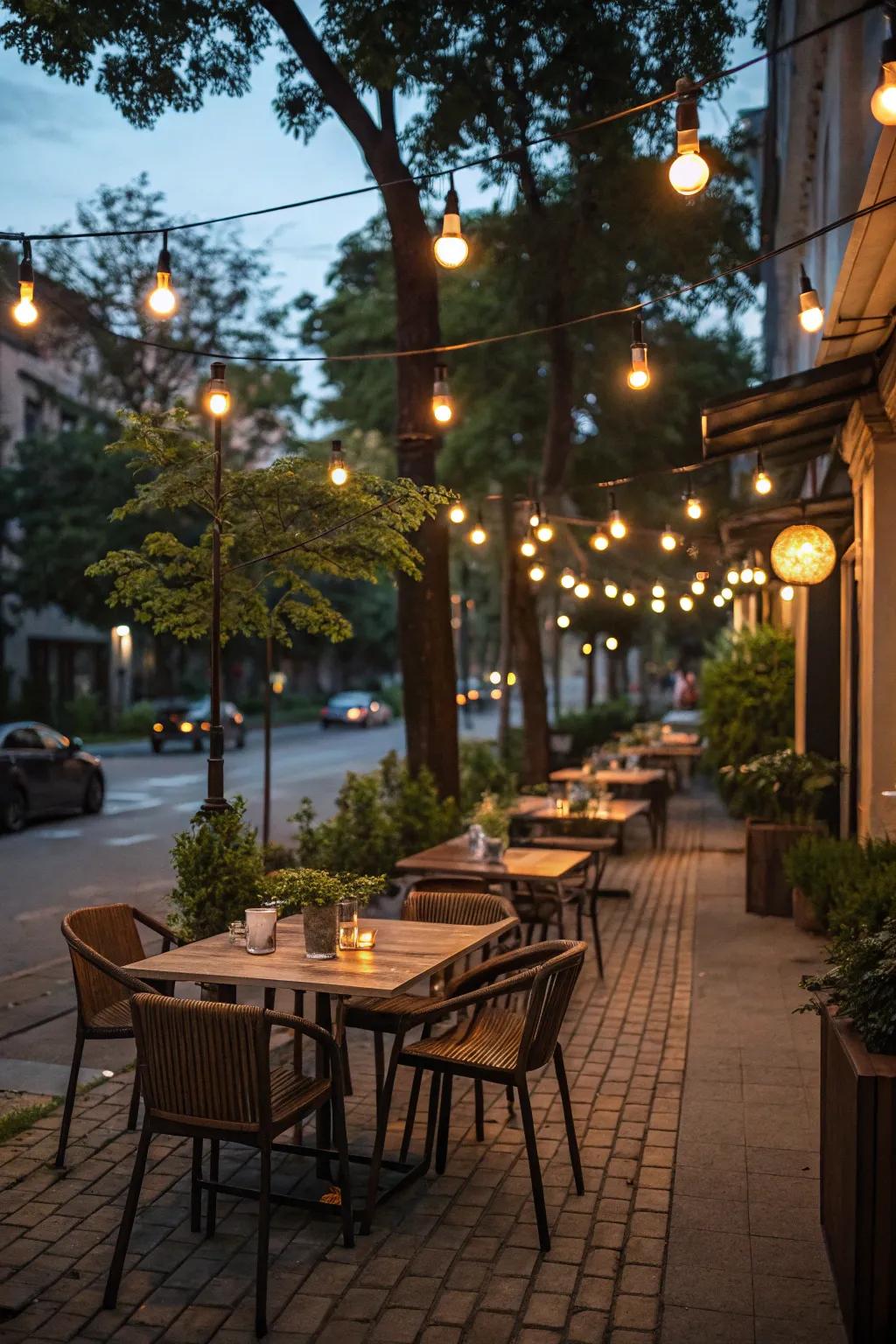 An inviting outdoor dining zone with suspended lights.