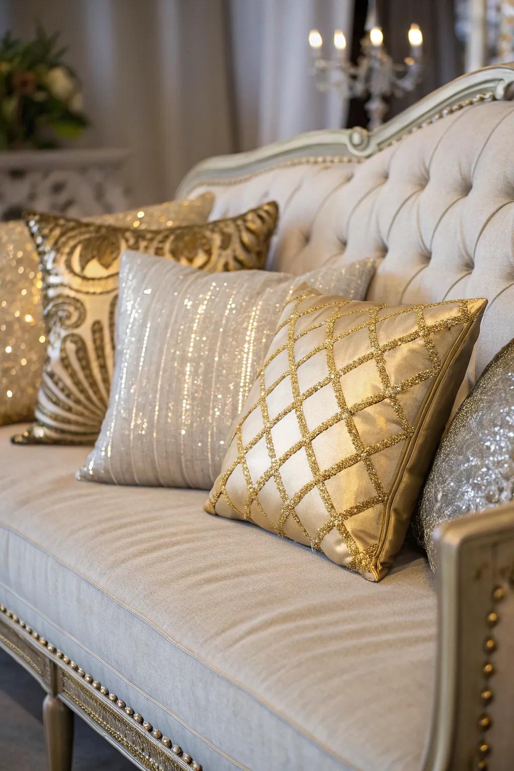 Luxurious cushions add a hint of glamour to the room.