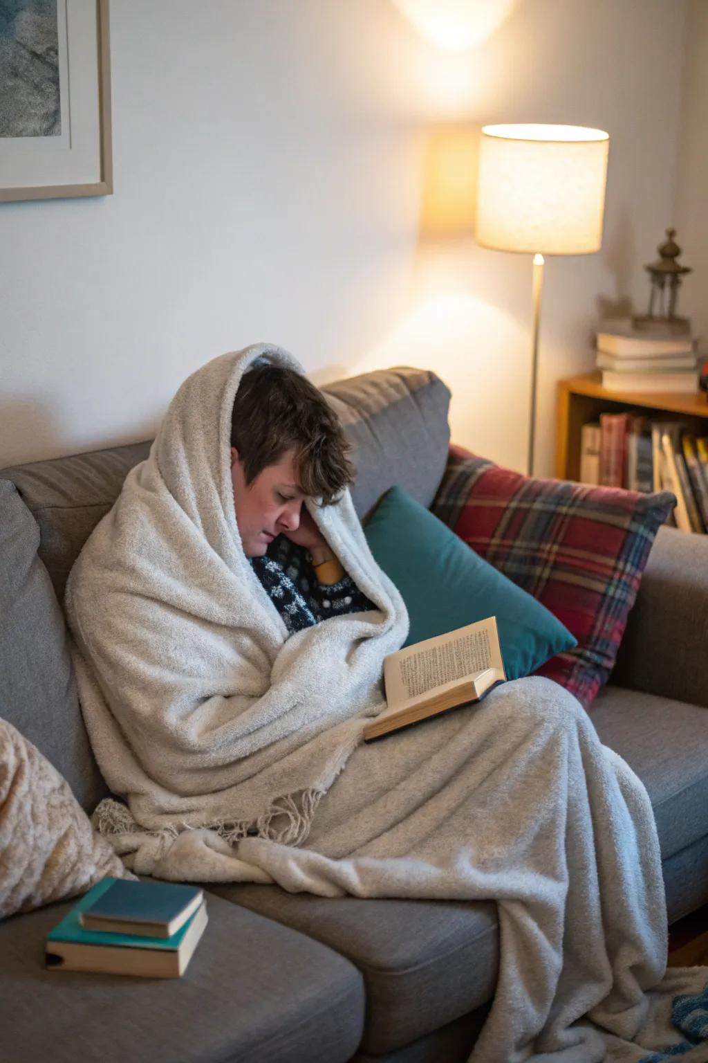 A cozy snuggle on the couch, ideal for those relaxed and chilly days spent indoors.