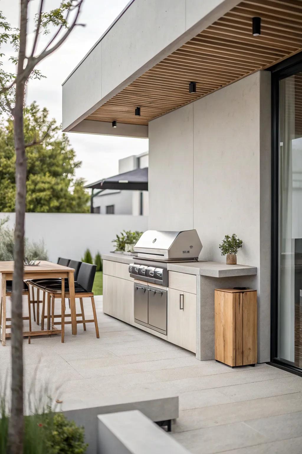 A modern minimalist design offers a refined, functional BBQ area.
