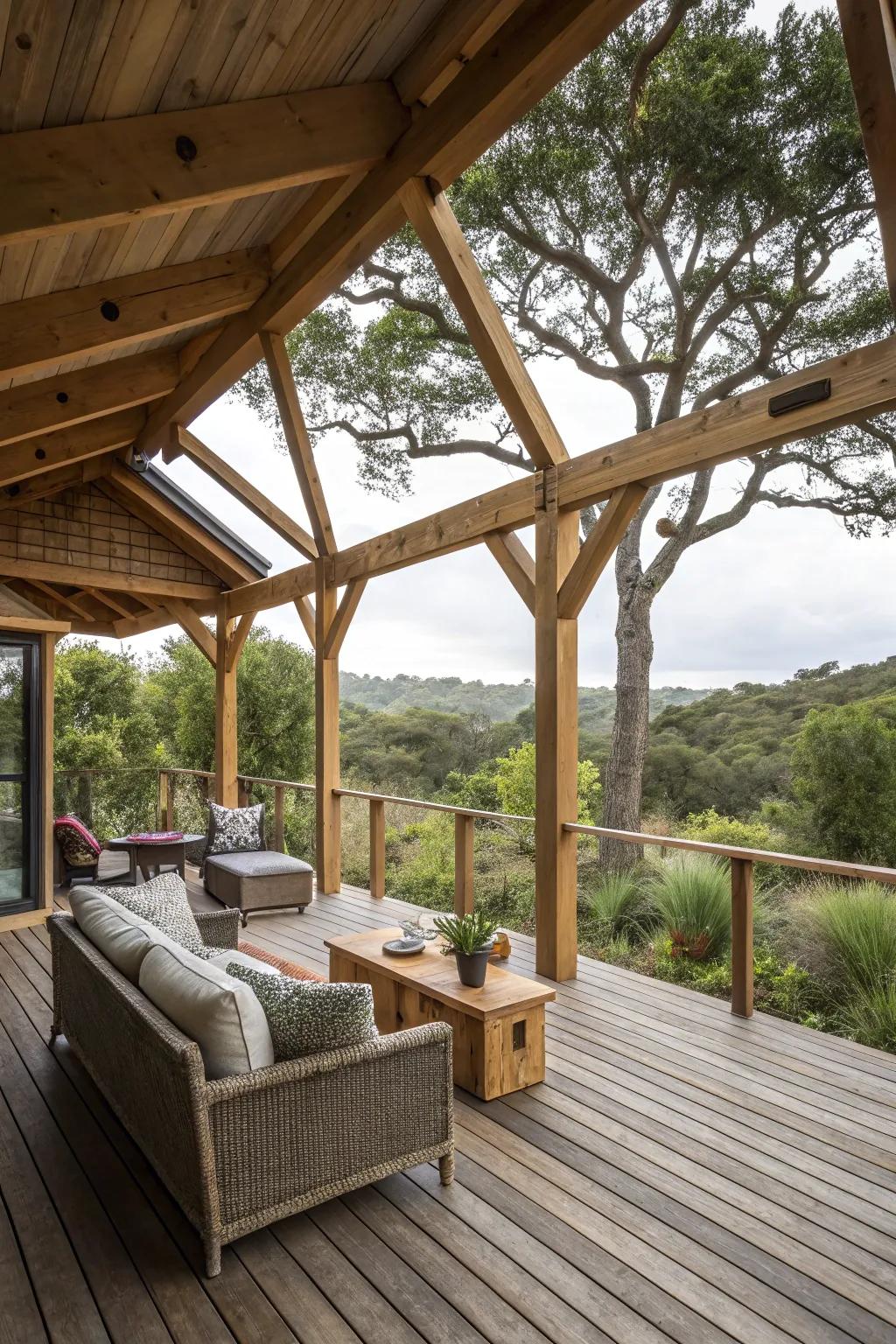 Wood frames add country elegance and strength to deck roofs.