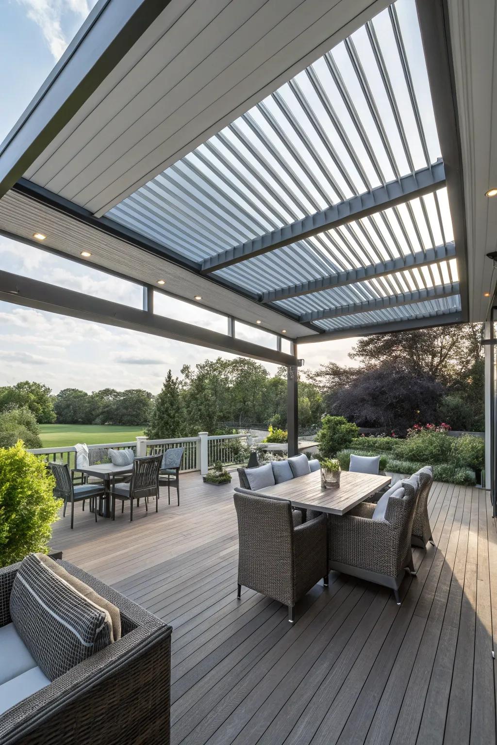 A versatile louvered roof deck for adaptable outdoor living.