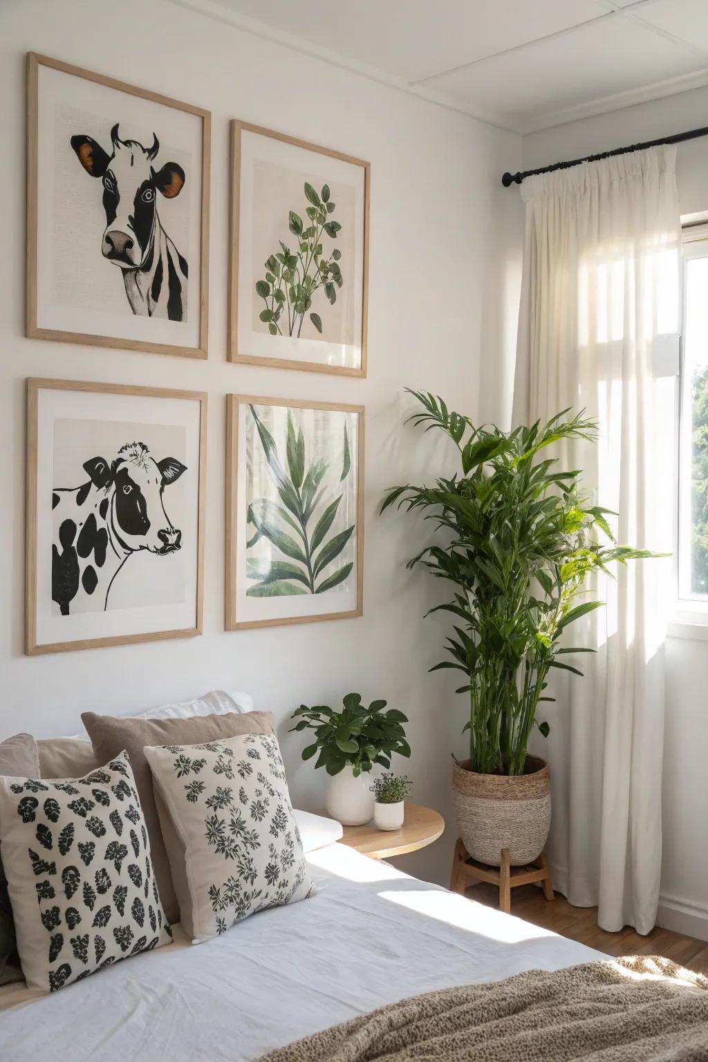 Spotted bovine art work creates a distinctive center point in any kind of space.