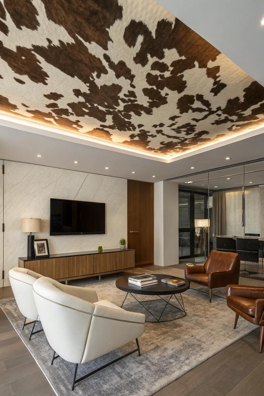 A unique ceiling accent using cowhide for an unexpected touch.