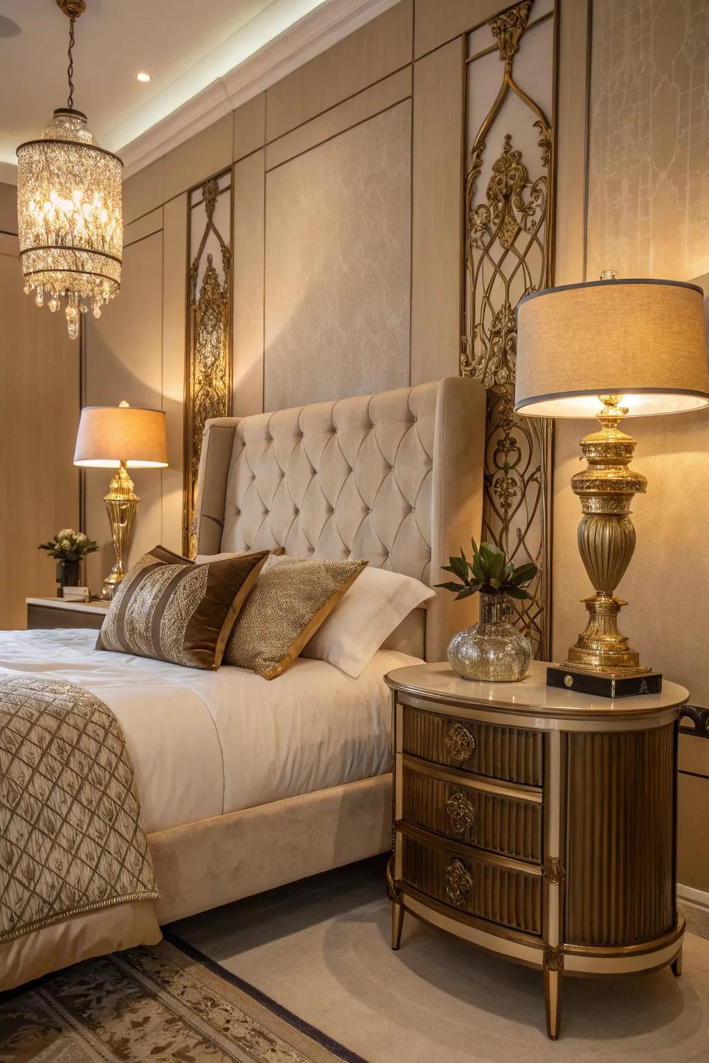 A sophisticated bedroom accented with gleaming bronze features, emitting a warm, inviting radiance.