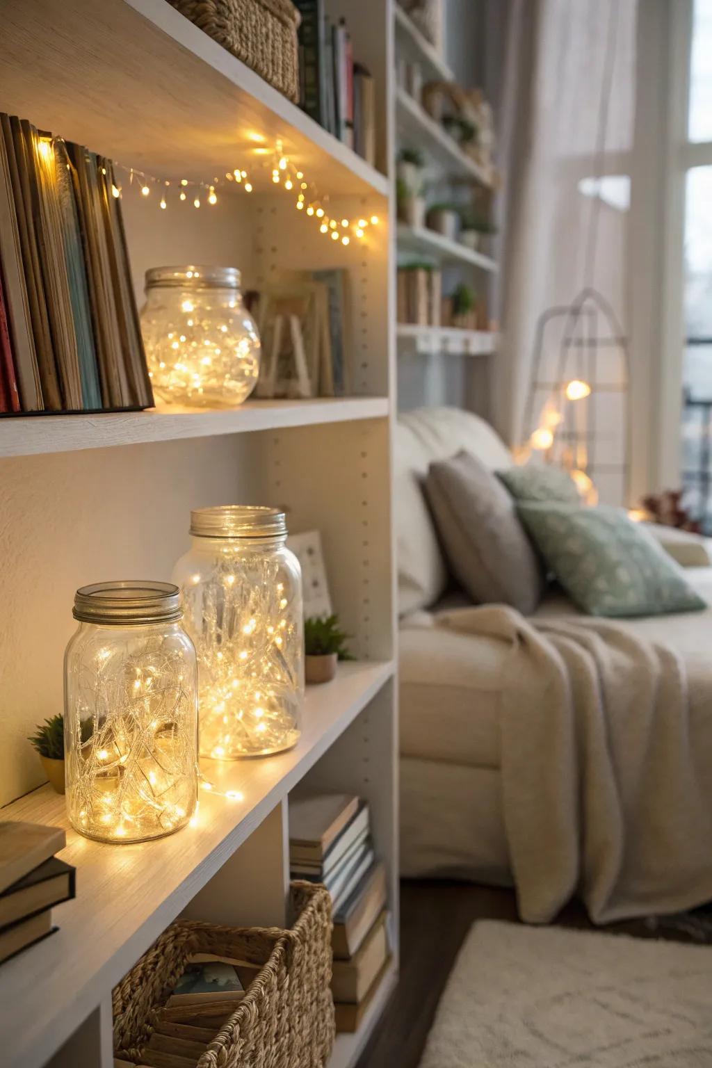 Sprite lights in containers create enchanting glowing accents.