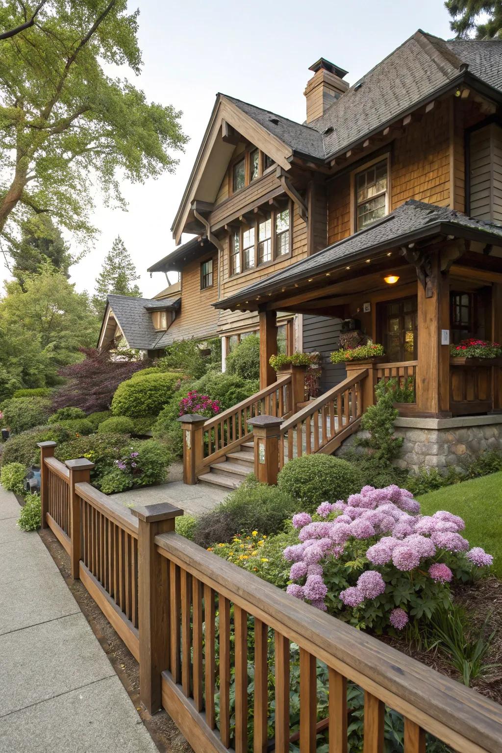 Traditional elegance with a classic Craftsman wooden railing.
