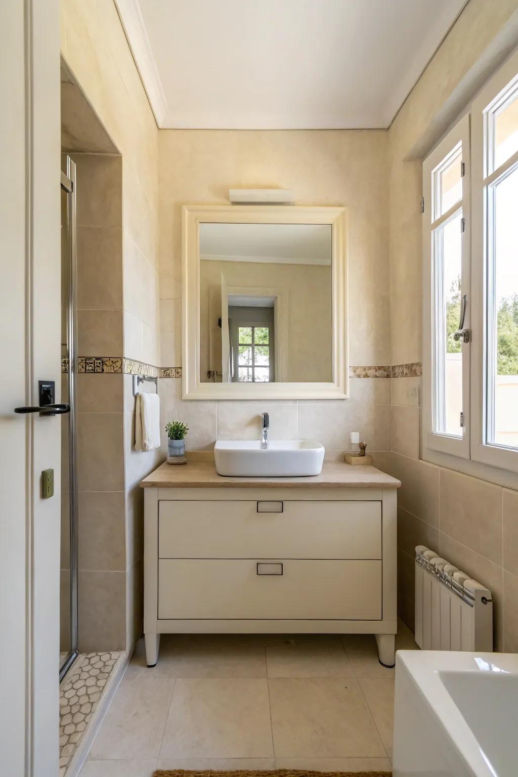 Minimalistic decor brings a sense of peace to this cream bathroom.