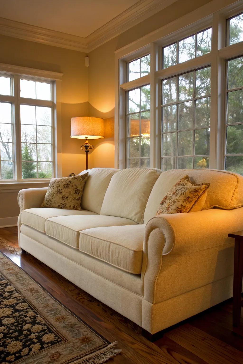 Cordial illumination enhances the snug allure of a vanilla settee.