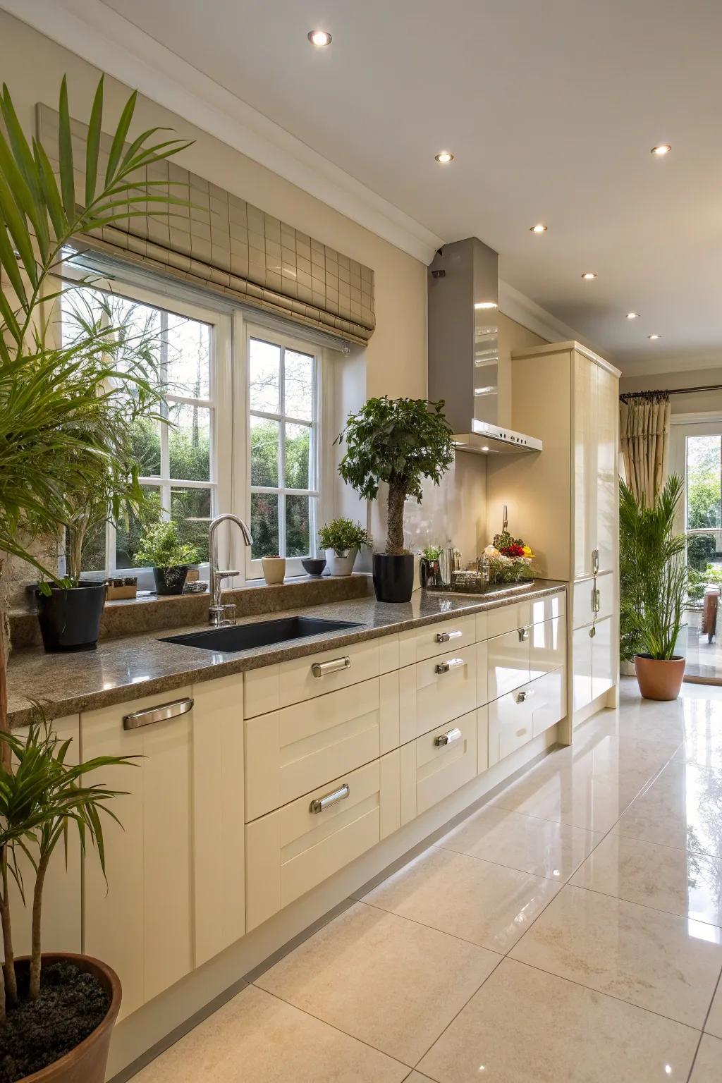 Personal decor touches introducing unique flair to a cream gloss kitchen.