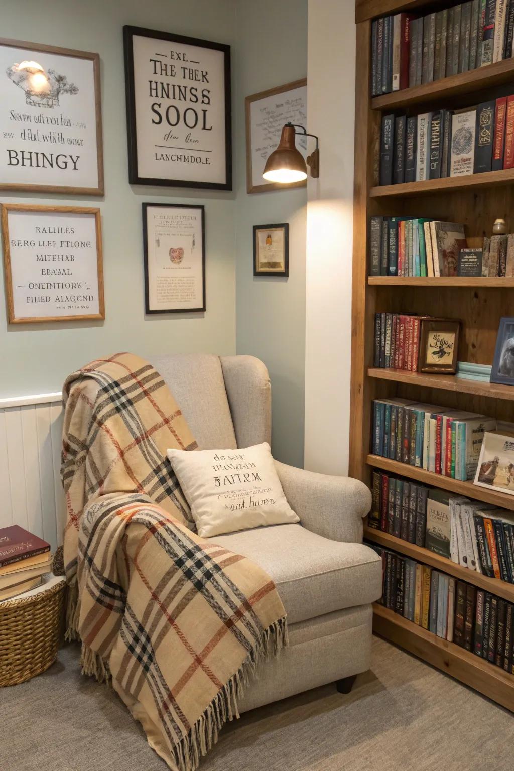Themed reading nooks offer an ideal retreat for book lovers.