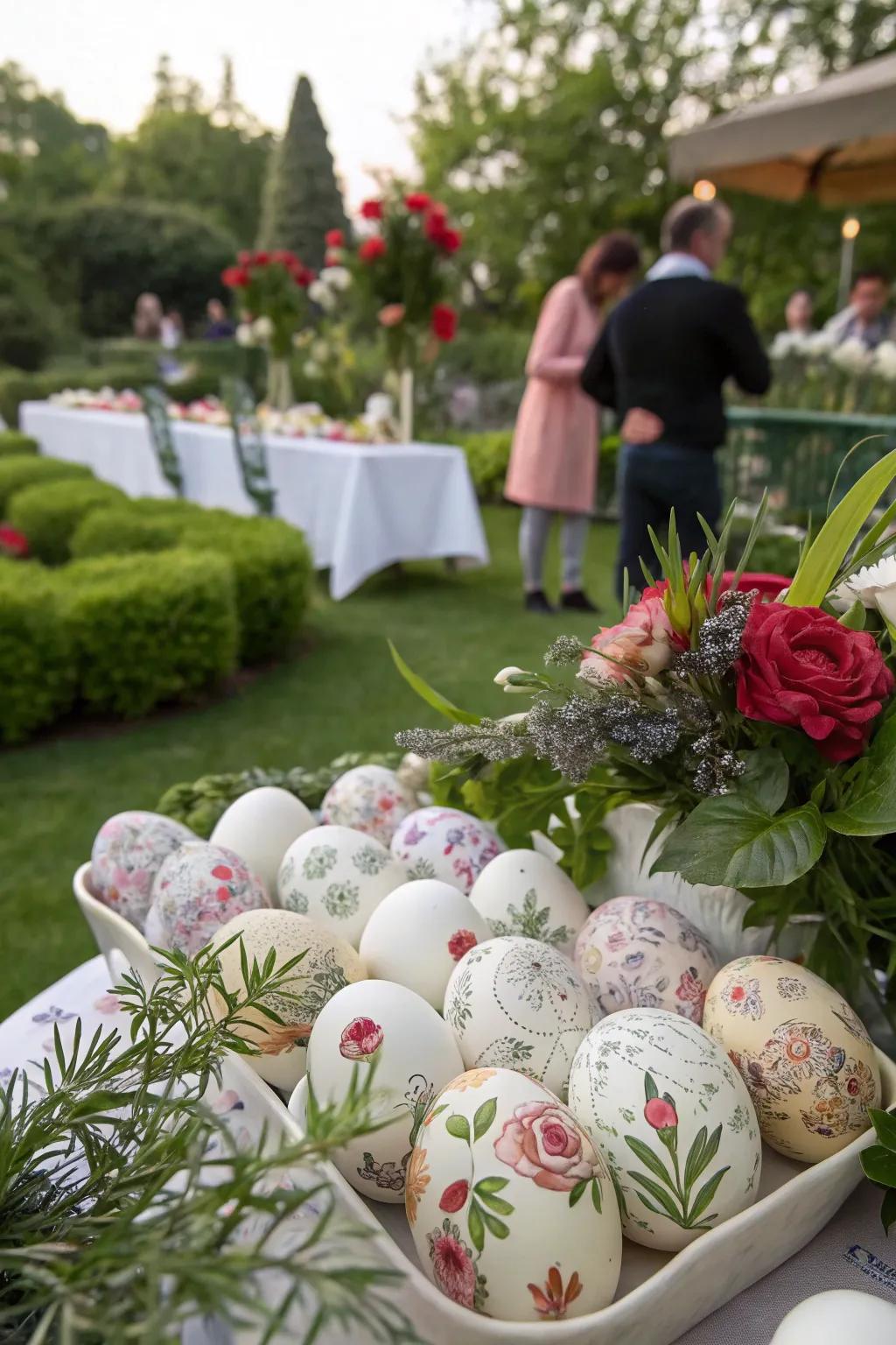 Flower-covered eggs that make the outdoor party feel better.