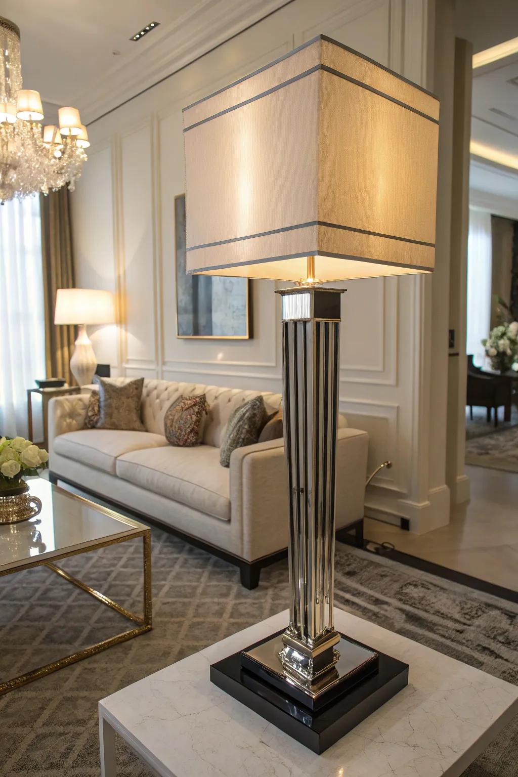A decorative art lamp serves as a focal point in a living room.