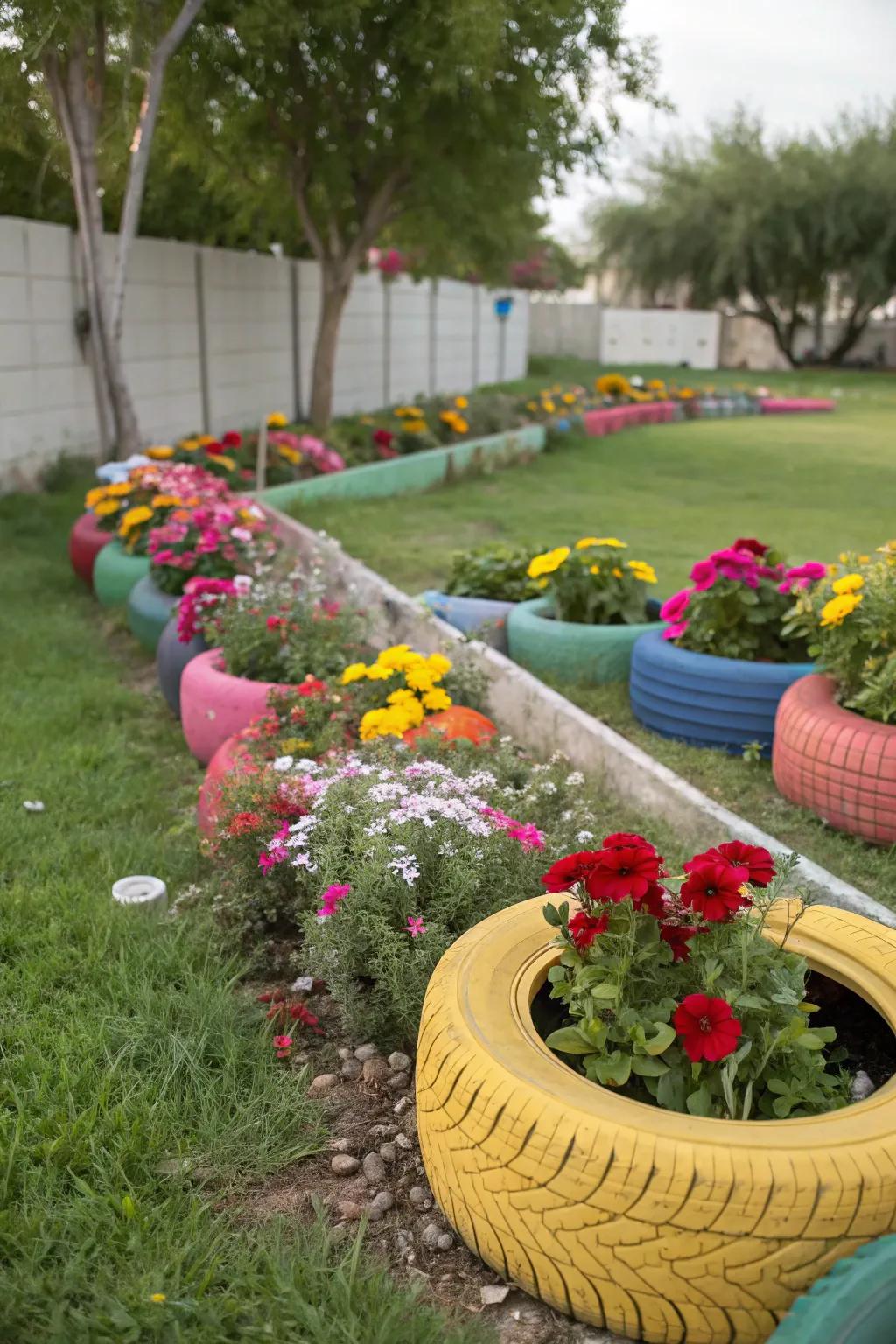 Eco-conscious tire borders defining garden spaces.
