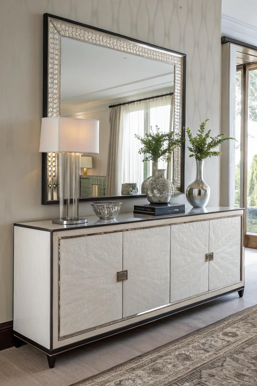 A credenza beautifully complemented by a mirror.