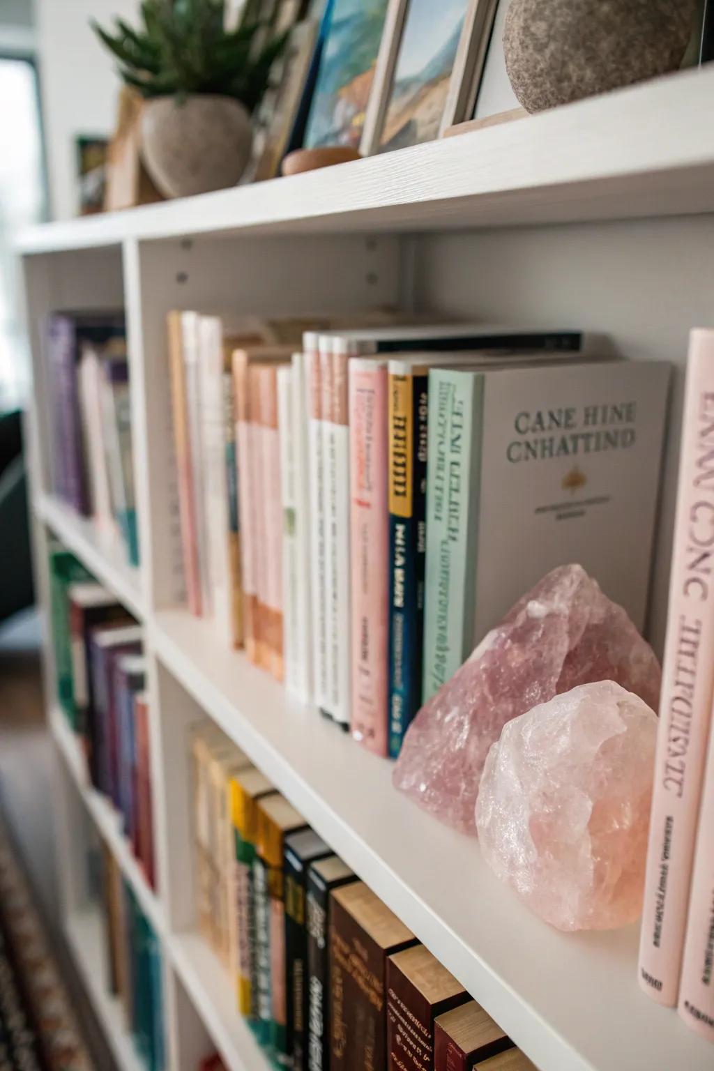 Bookshelves are adorned with both books and crystals, adding charm to the space.