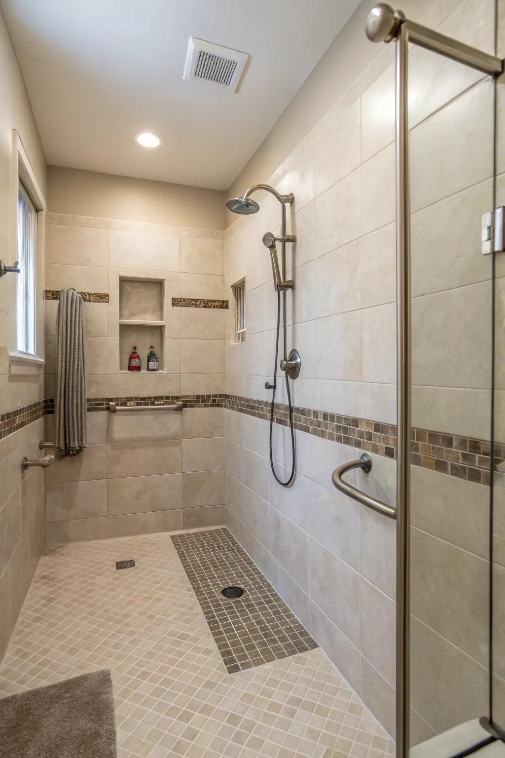 Accessibility meets style in this carefully created curbless shower.