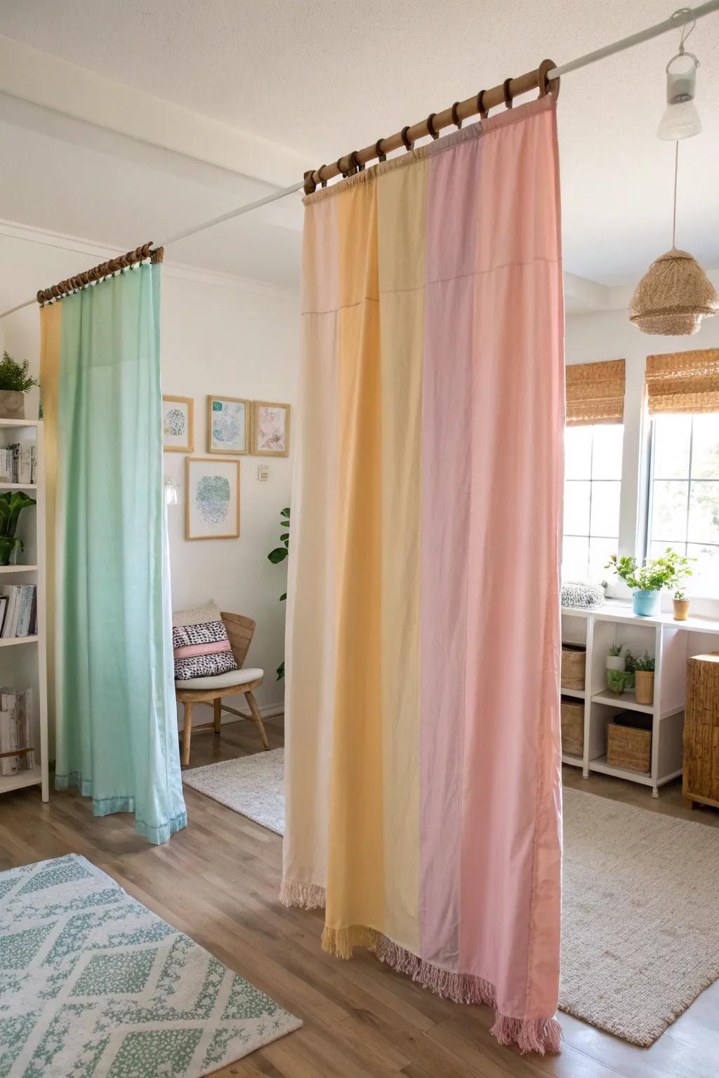 Creative DIY curtain dividers add a personal touch.