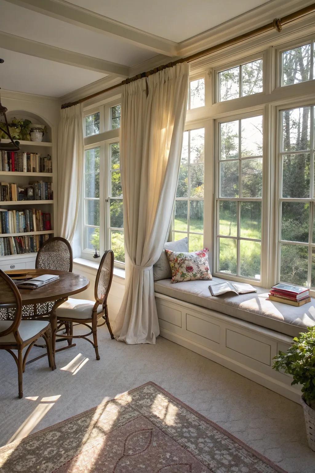 Curtains can successfully fashion discrete zones within your sunroom.