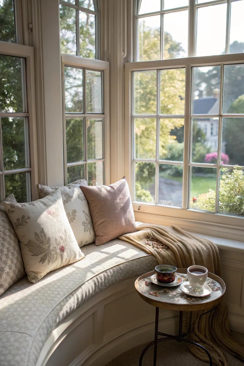 A peaceful quiet corner in a curved bay window.