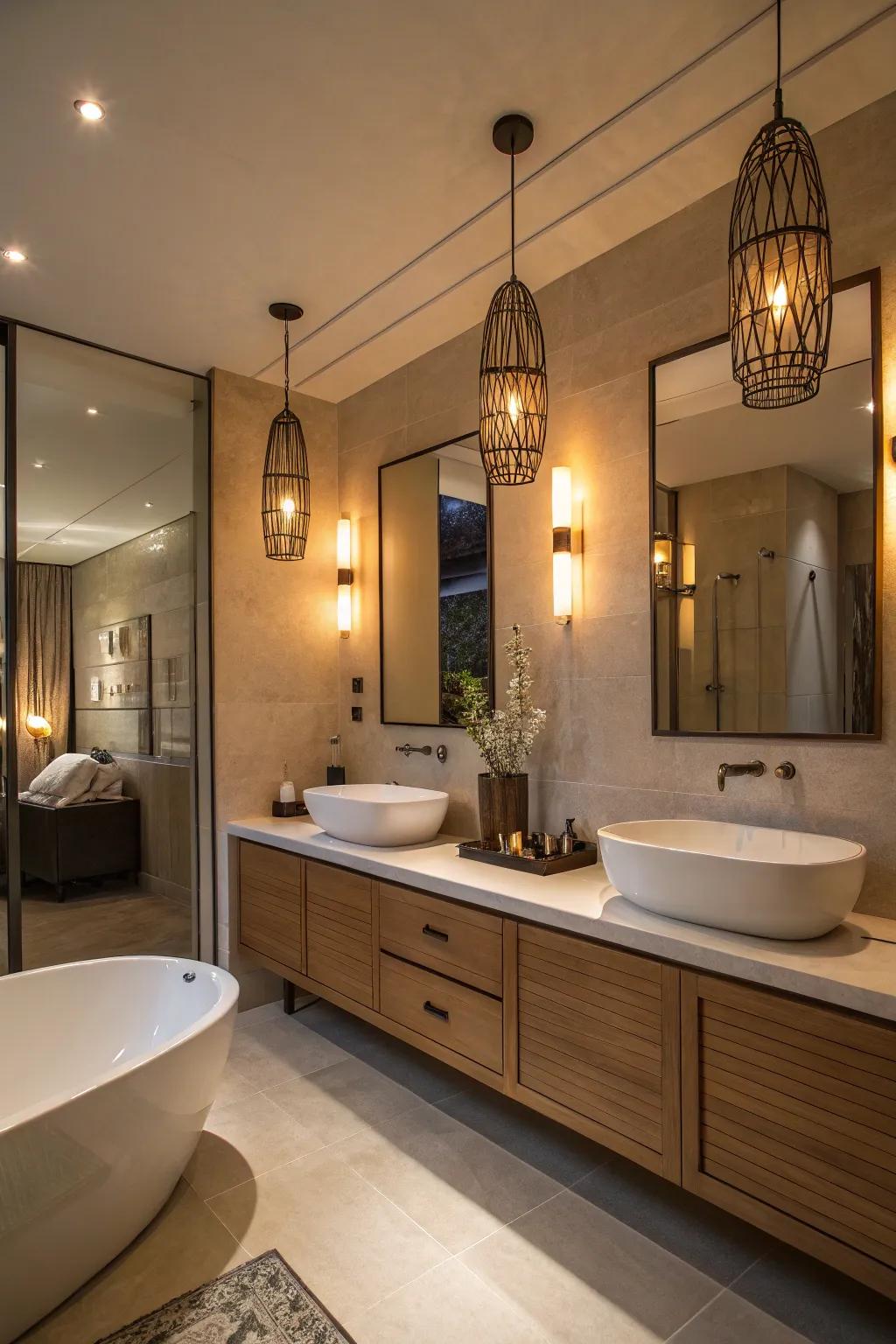 Modern illumination fixtures enhance the atmosphere of your restroom.