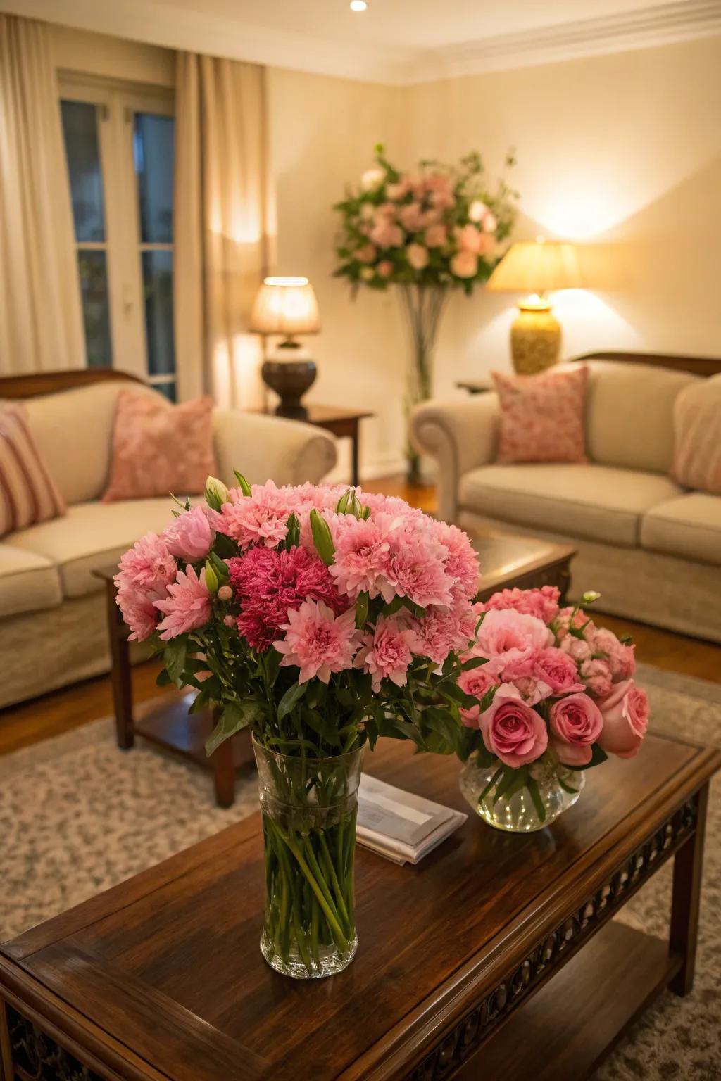 Rose herbal arrangements infuse freshness and hue into the room.