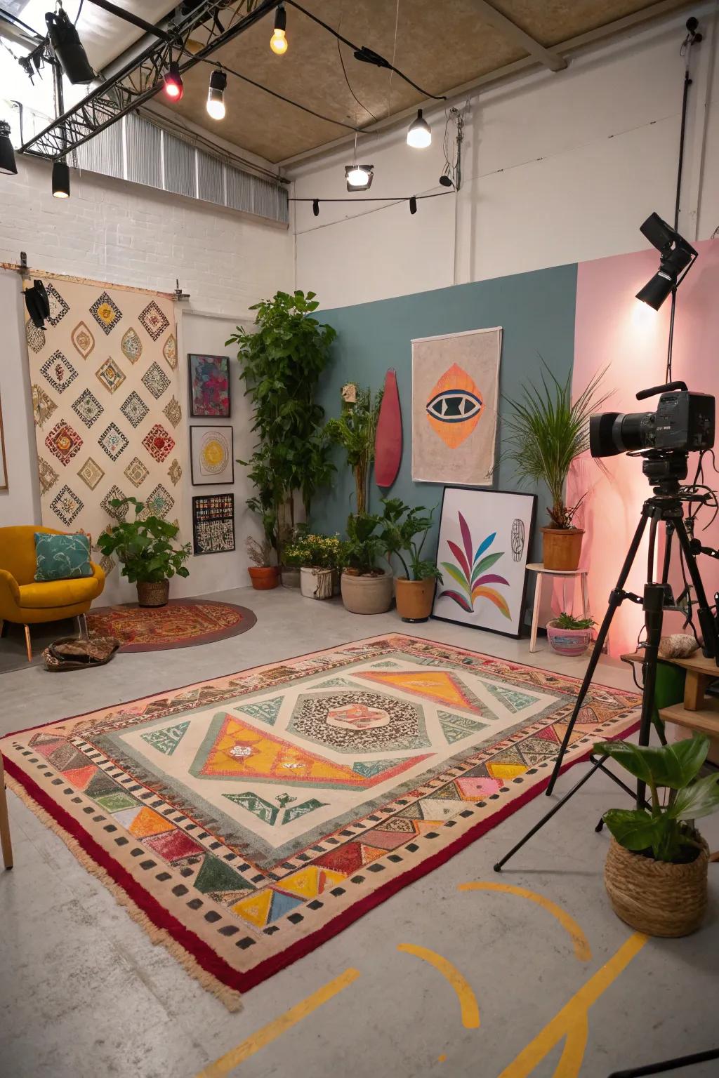 Display creativity through artistic rugs.