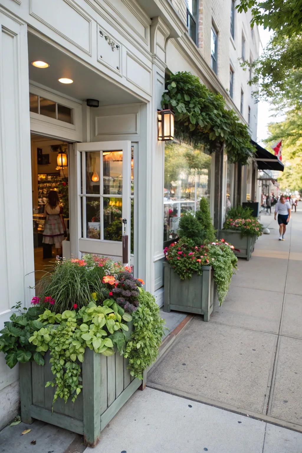 A storefront doorway outlined by full growing boxes, adding a natural touch.