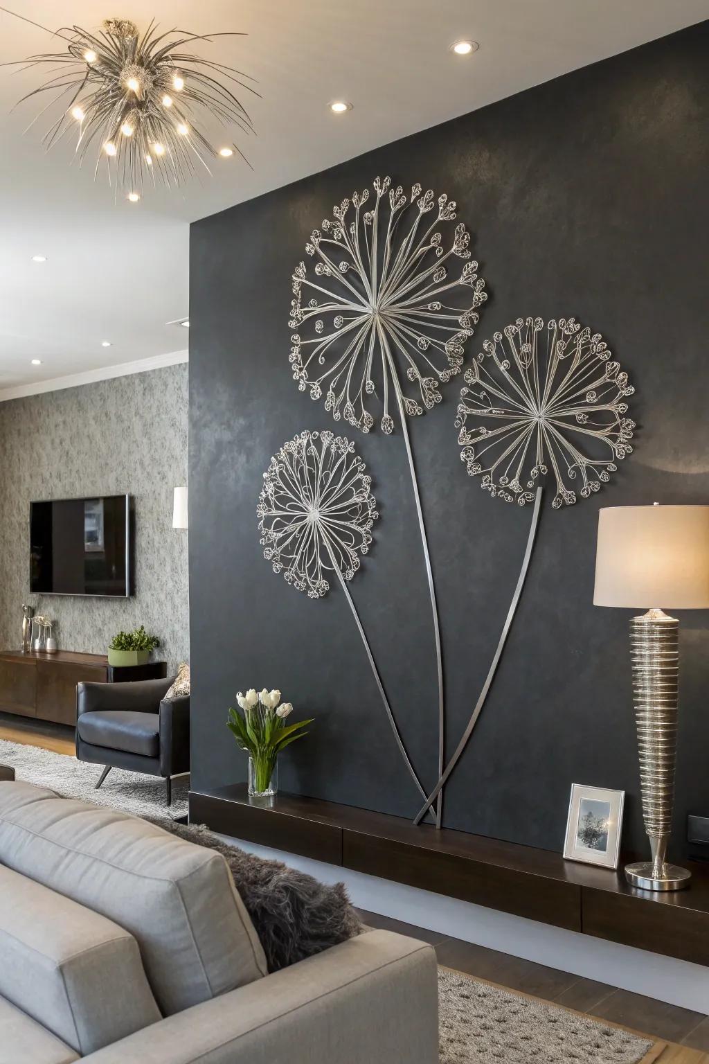 Gleaming wall decor adds a modern twist to dandelion decor.
