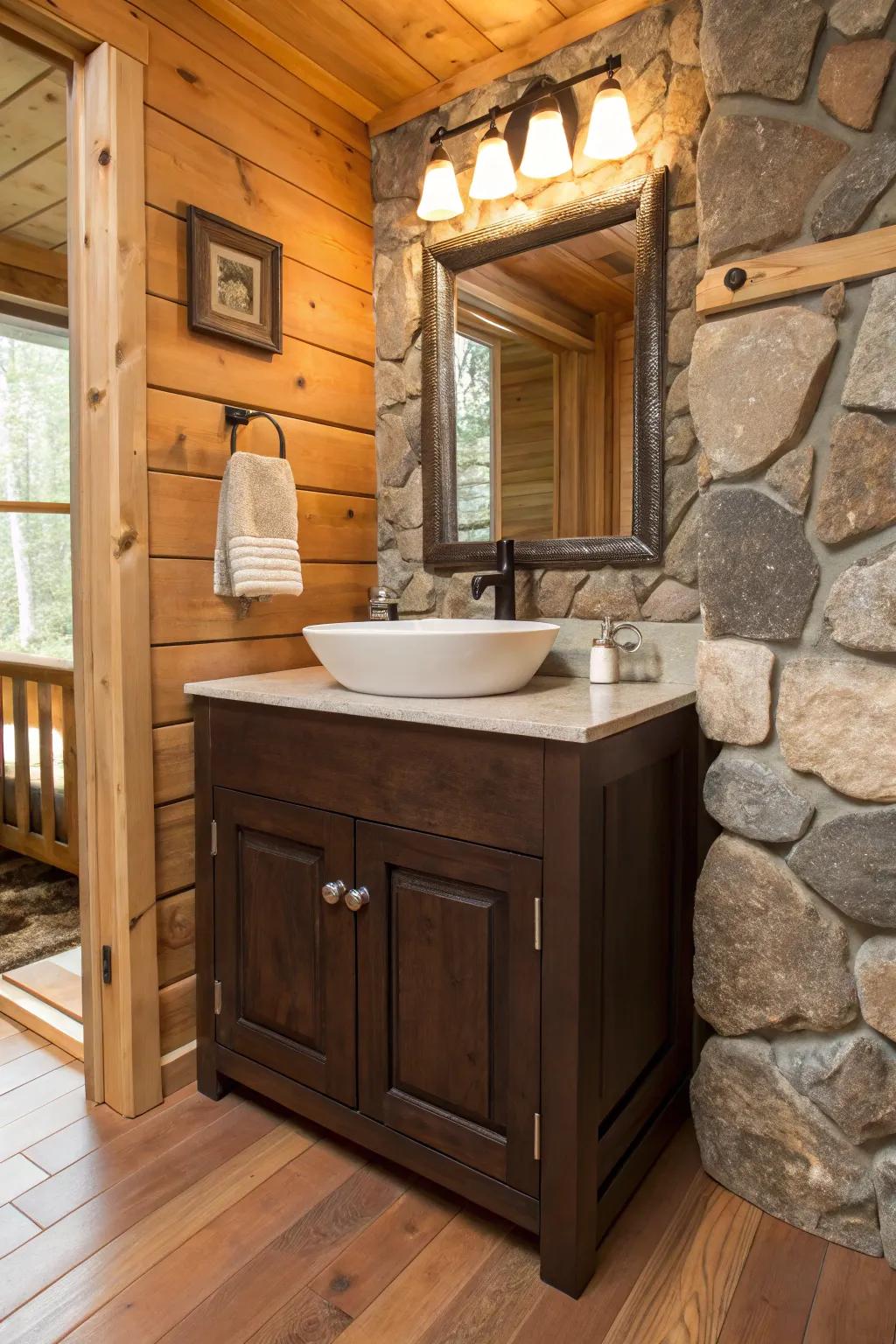 Natural stone enriches the rustic appeal of a dark brown vanity.