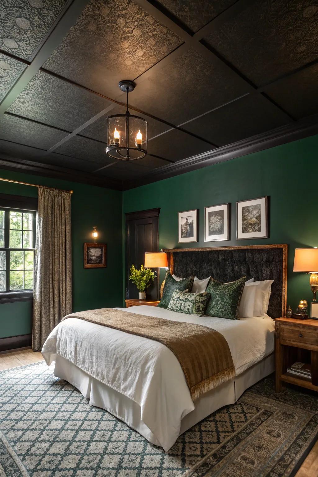 A black ceiling paired with deep green walls creates a cozy cocoon.
