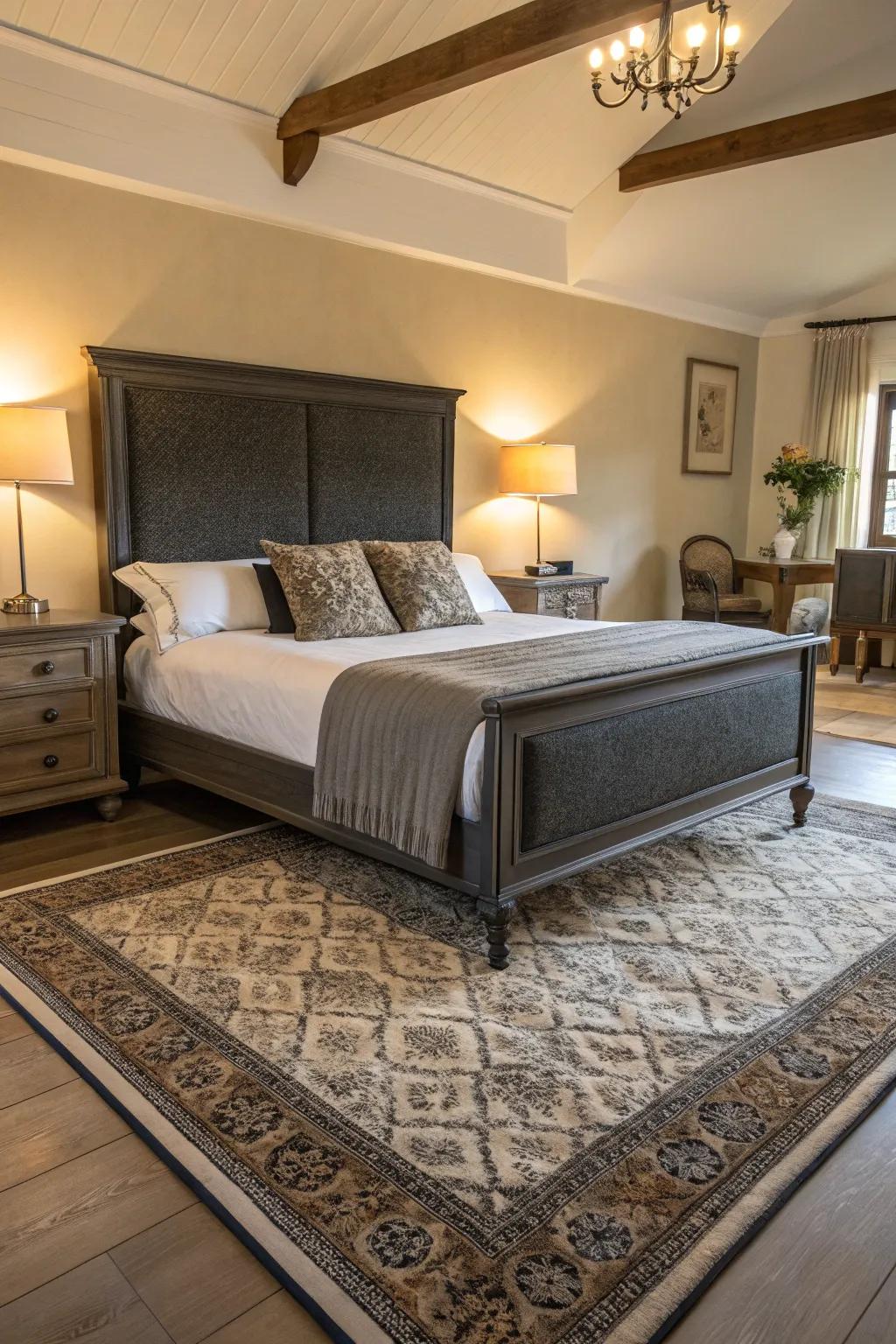 Deluxe accents heighten the sophistication of a dark grey bed frame.