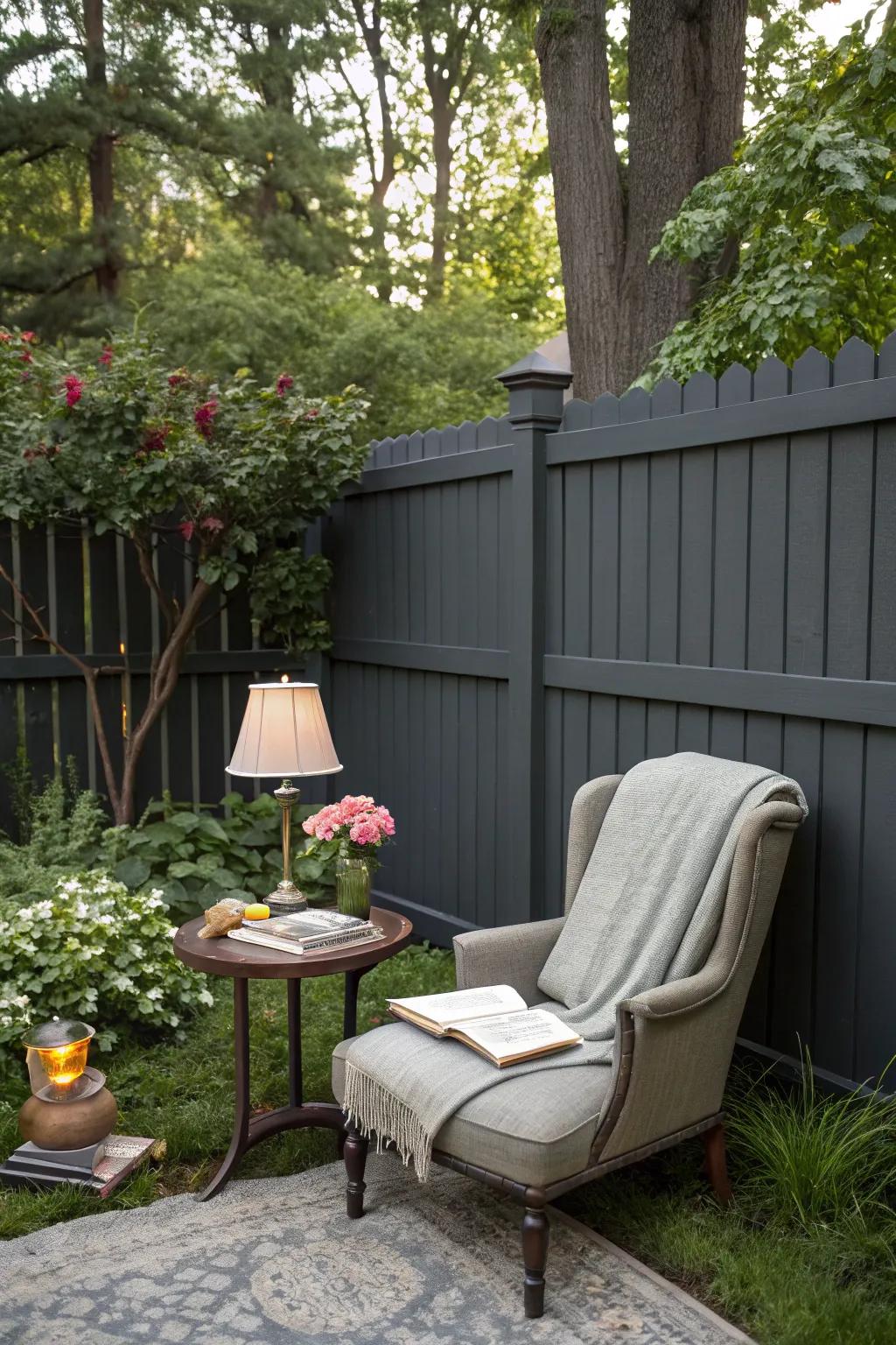 A cozy reading corner with a deep charcoal boundary as a serene backdrop.
