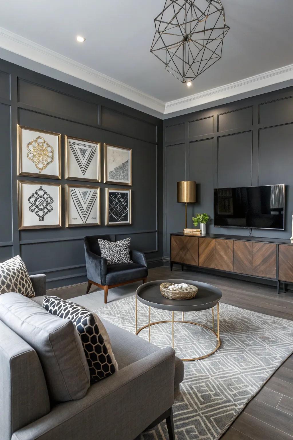 A broodingly modern living area marked by clean lines and geometric highlights.