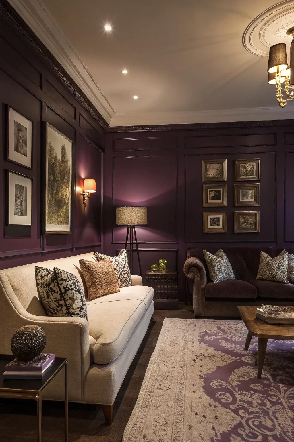 A dark purple accent wall adds depth and focus to this stylish living room.