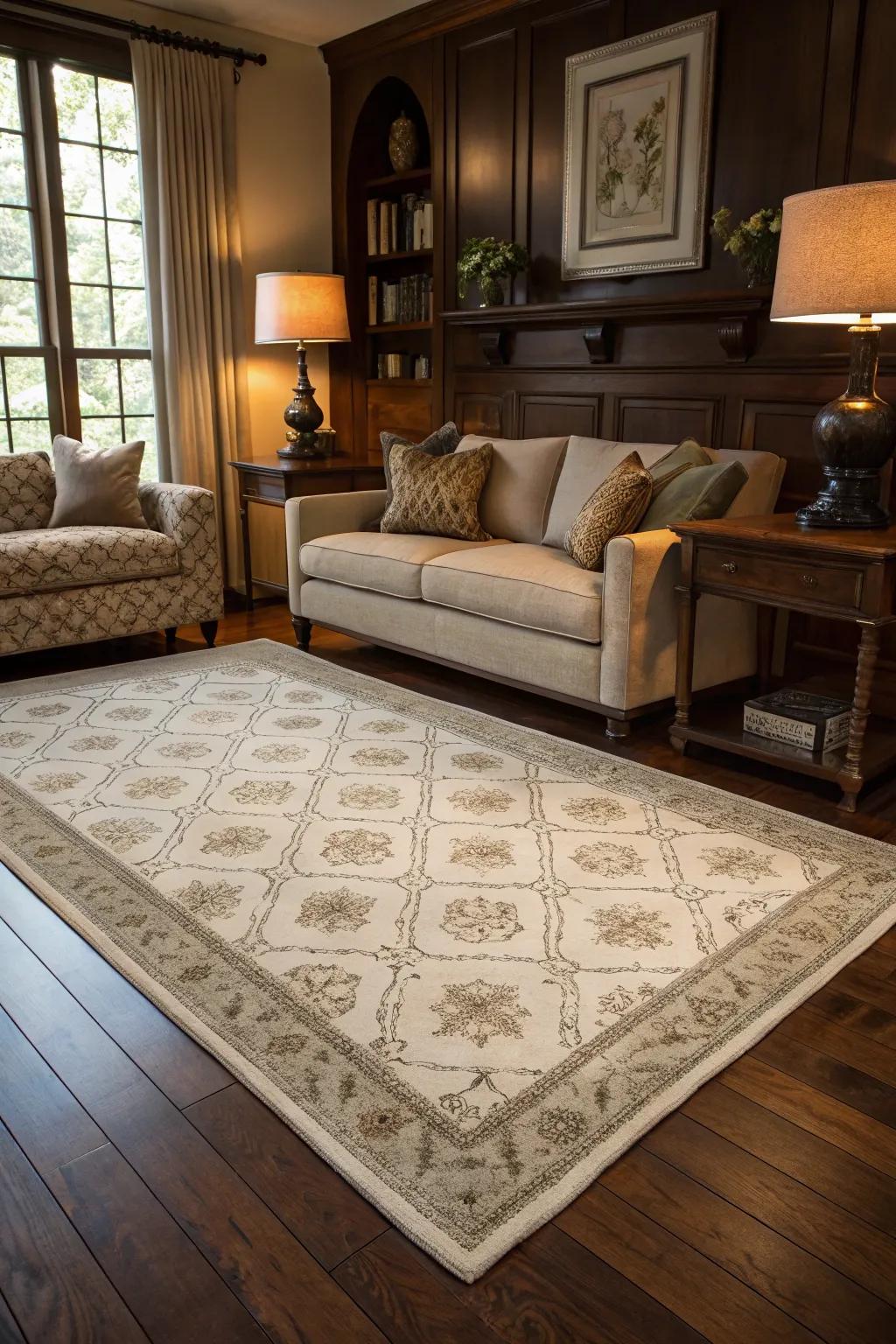Layered rugs enrich warmth and definition to <strong>dark wood floors</strong>.&rdquo; loading=&rdquo;lazy&rdquo; class=&rdquo;pimg&rdquo;>
	</picture><figcaption>Layered rugs enrich warmth and definition to <strong>dark wood floors</strong>.</figcaption></figure>
<p>Overlaying an area rug over <strong>dark wood floors</strong> can enhance warmth and delineate spaces. Decide on a pale or patterned rug for a striking contrast.</p>
<h3>A few choices to try:</h3>
<ul class=