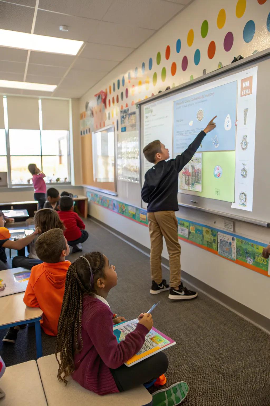 Pupils reviewing their progress at the data wall.