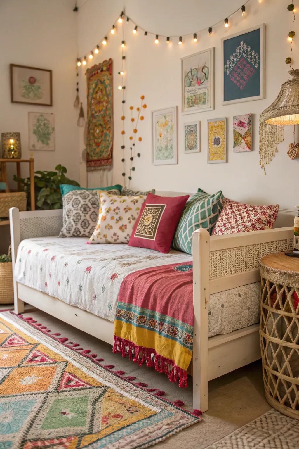 Eclectic fusion of patterns and colors featuring a daybed