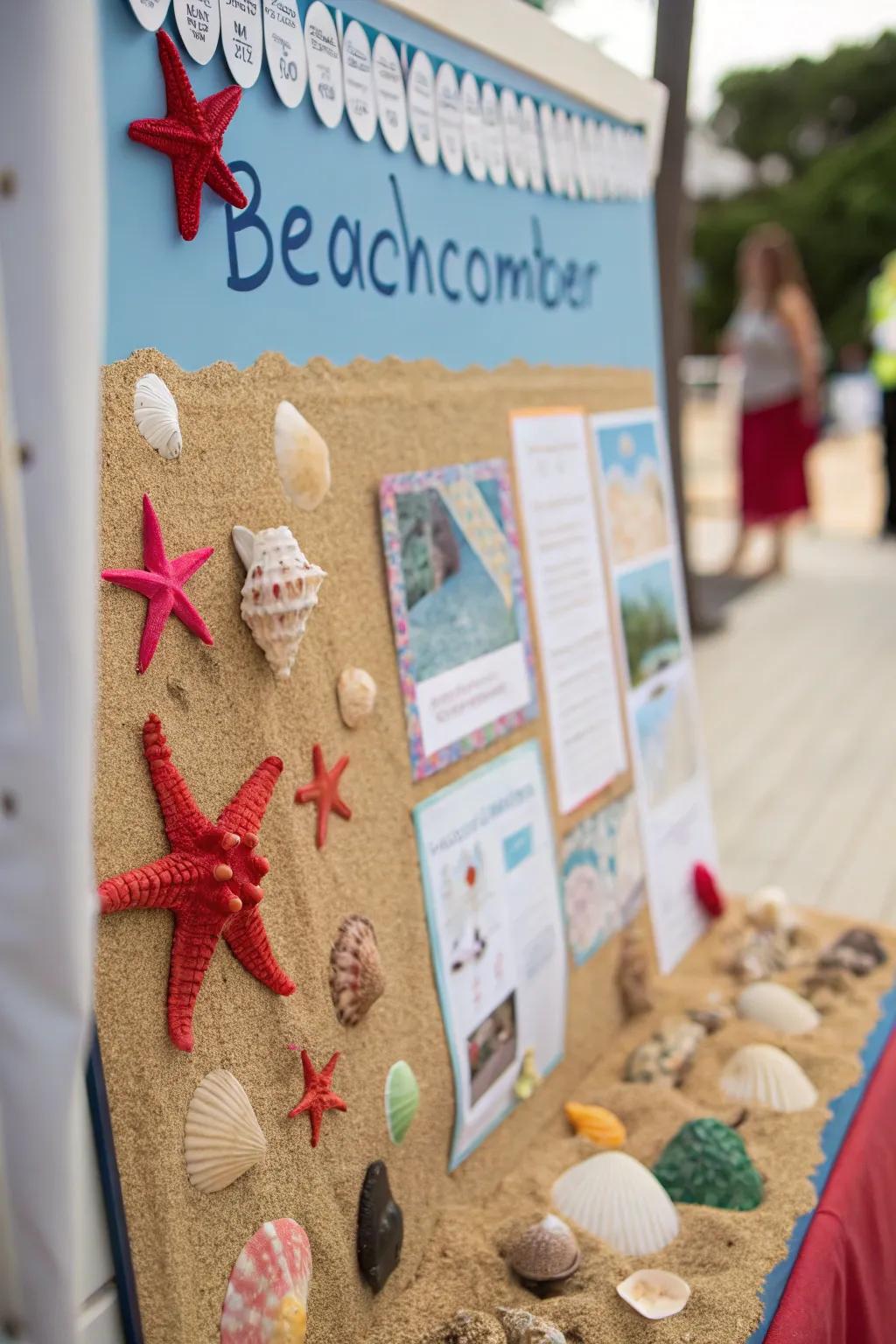Beachcomber's Getaway bulletin board presenting seaside treasures.