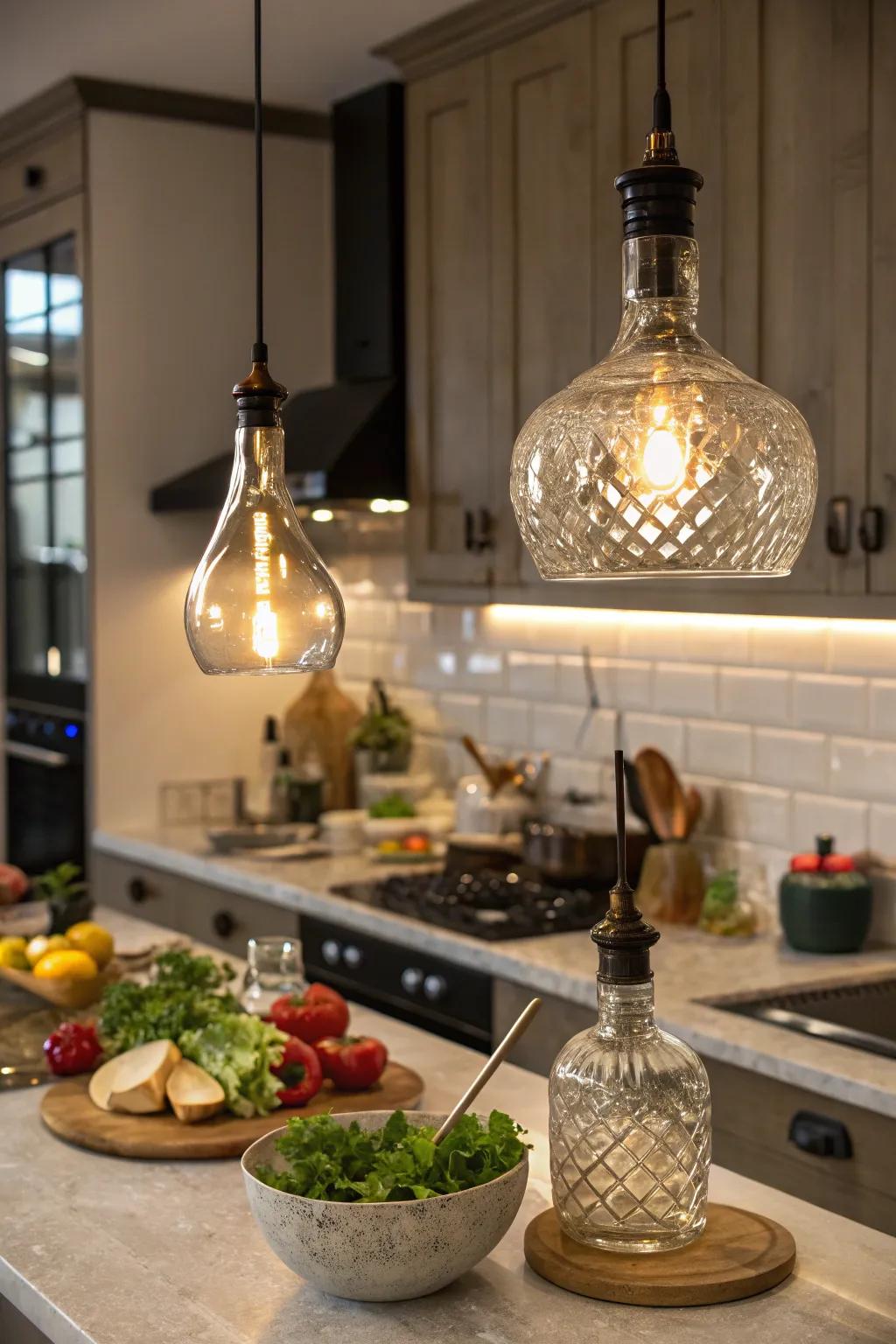 Unique hanging lights crafted from glass carafes.