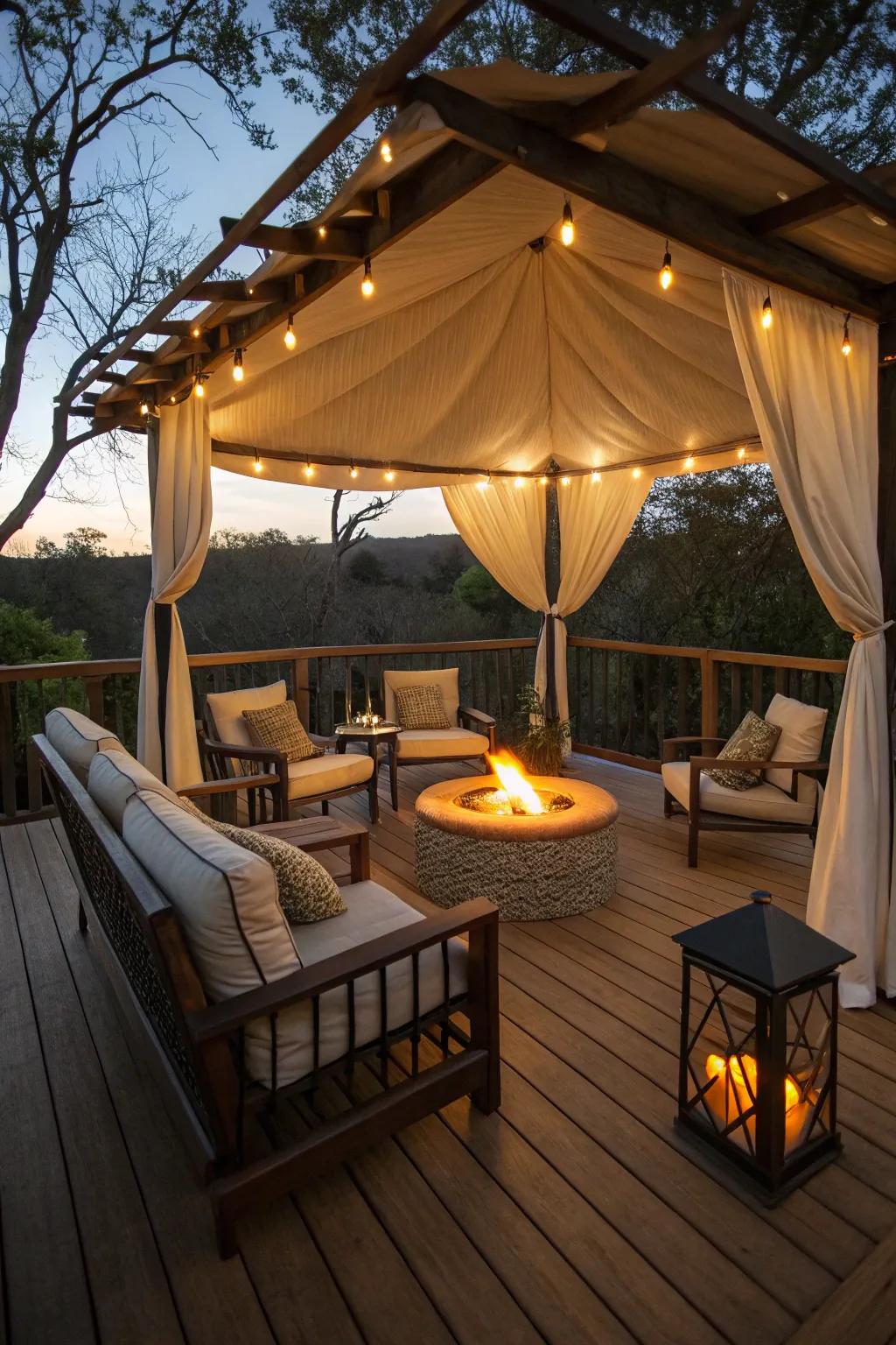 A bonfire spot under a dome delivers warmth and ambiance for cool nights.