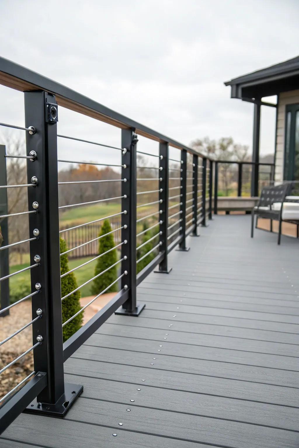 Black railings with industrial accents create a bold and modern deck aesthetic.