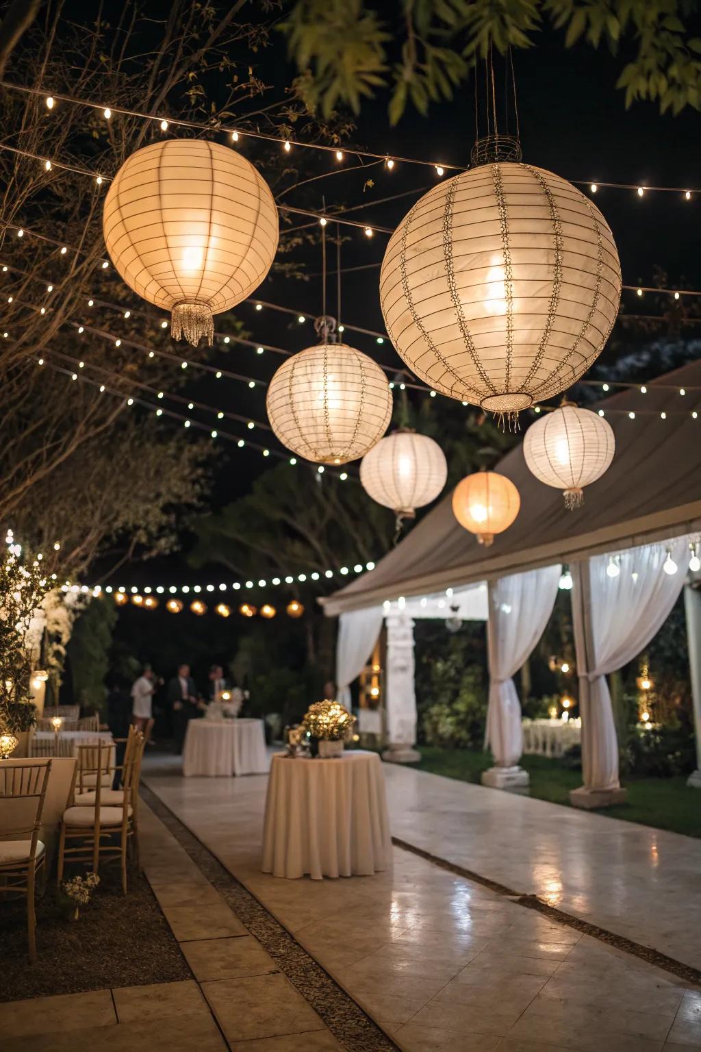 Hanging lanterns giving enchantment to a wedding venue.