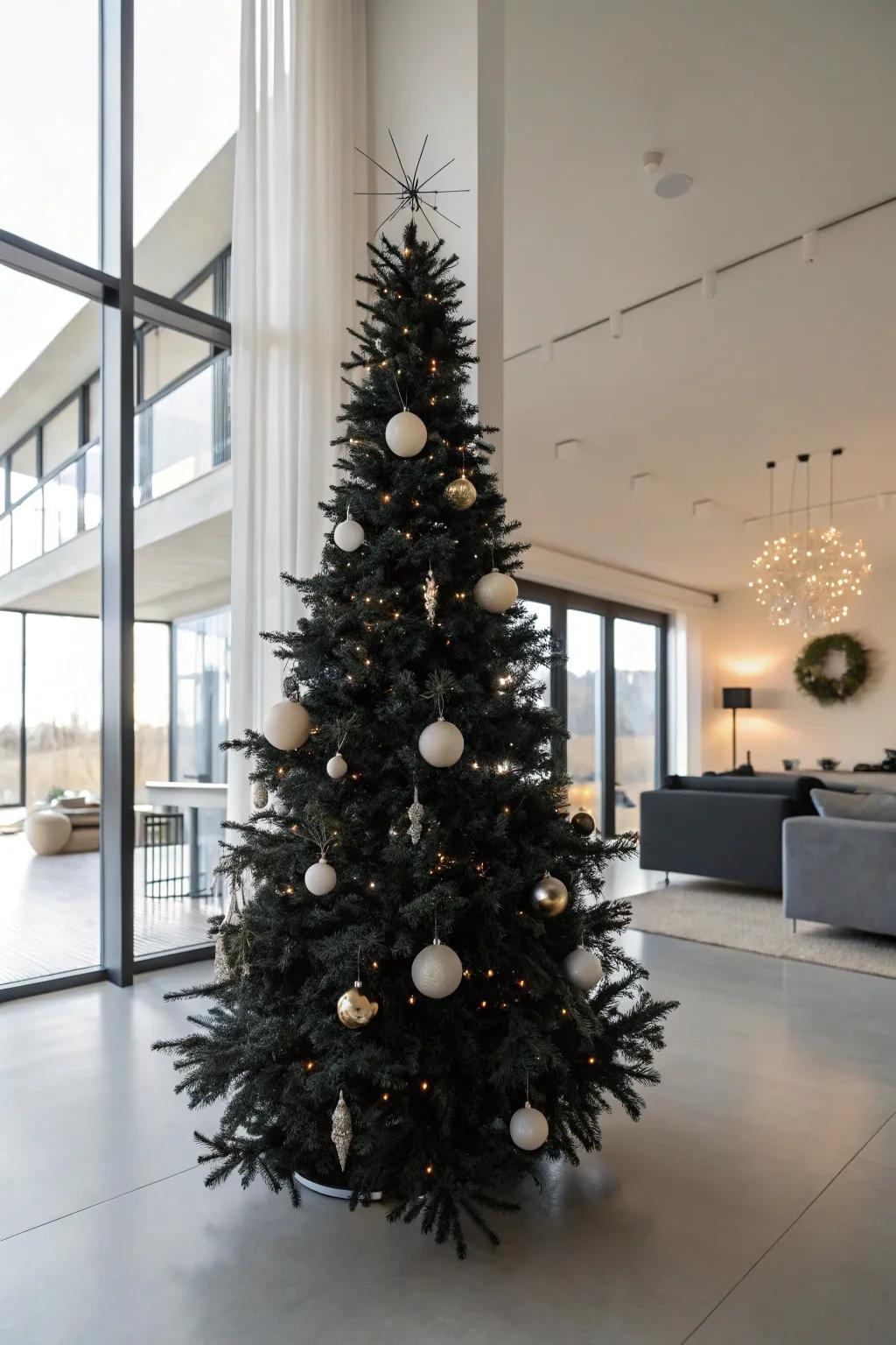 A minimalist dark Christmas fir with simple decorations.