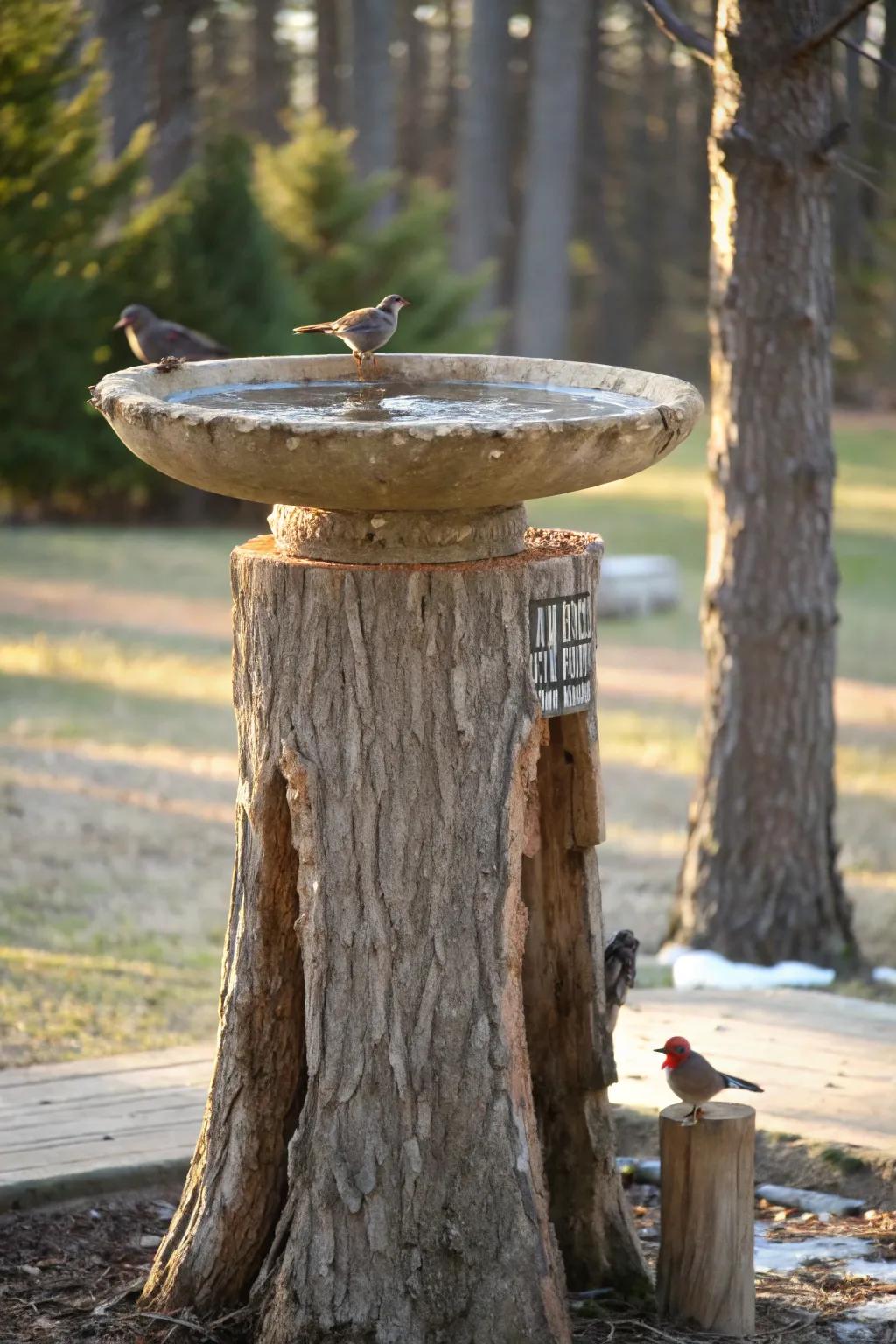 Lure birds with a welcoming tree stump bird bath.