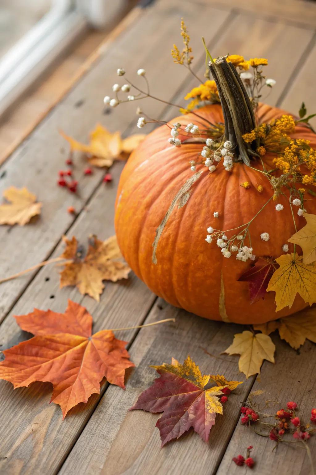 Embrace the natural world through a pumpkin exquisitely adorned with foliage and blooms.