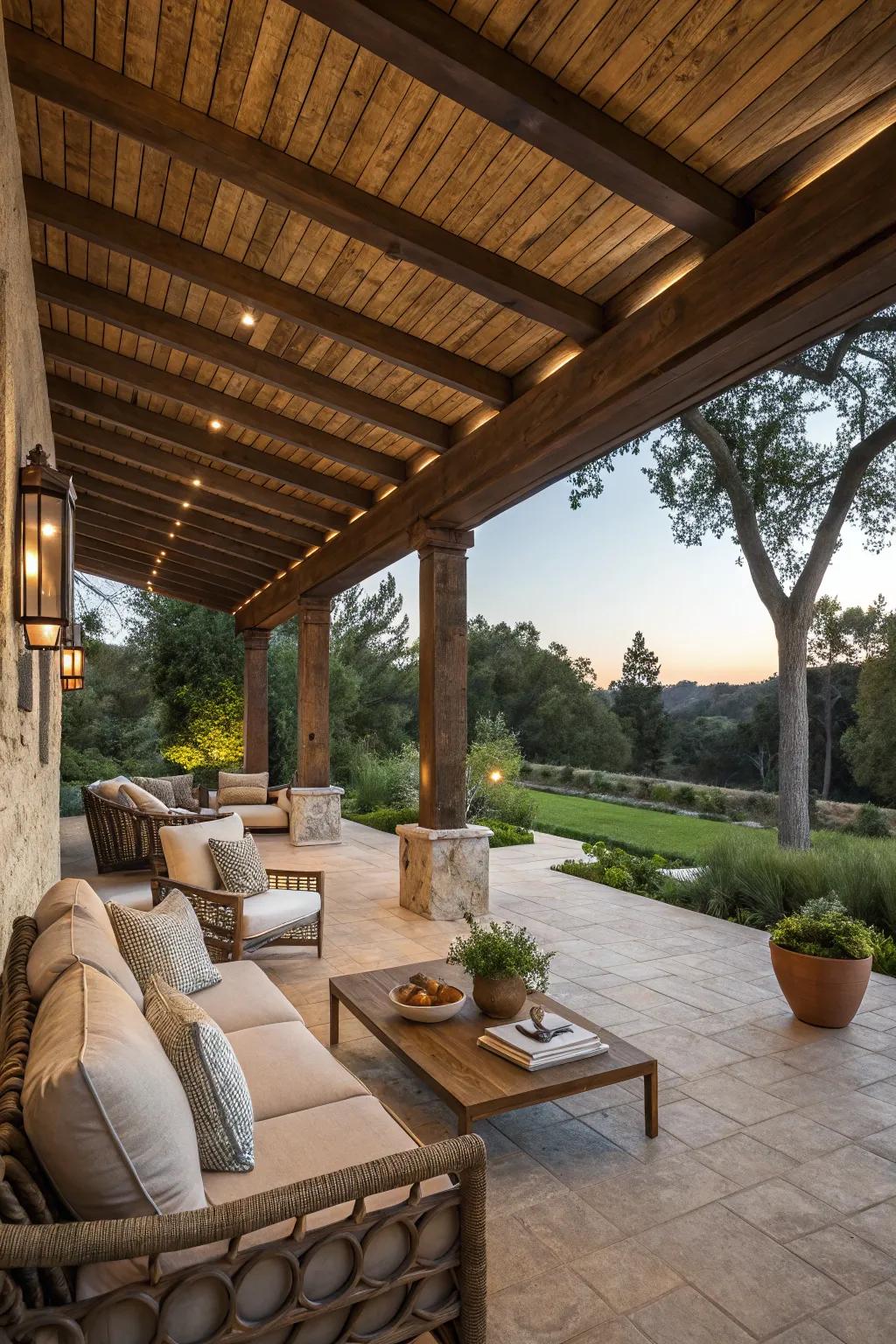 This comfortable outdoor patio space is defined by wooden beams.